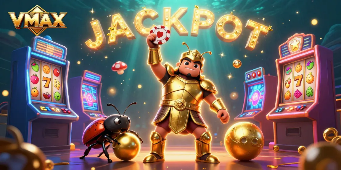 Experience VMAX thrills with dazzling slot machines and vibrant characters in this 3D casino illustration.
