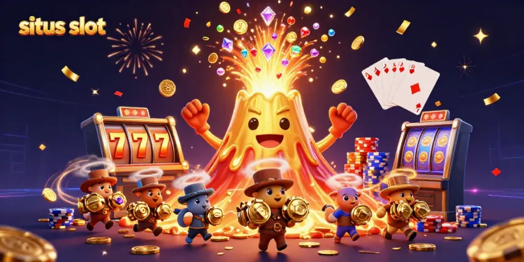 Experience the excitement of situs slot with this vibrant 3D volcanic treasure scene filled with winning symbols.