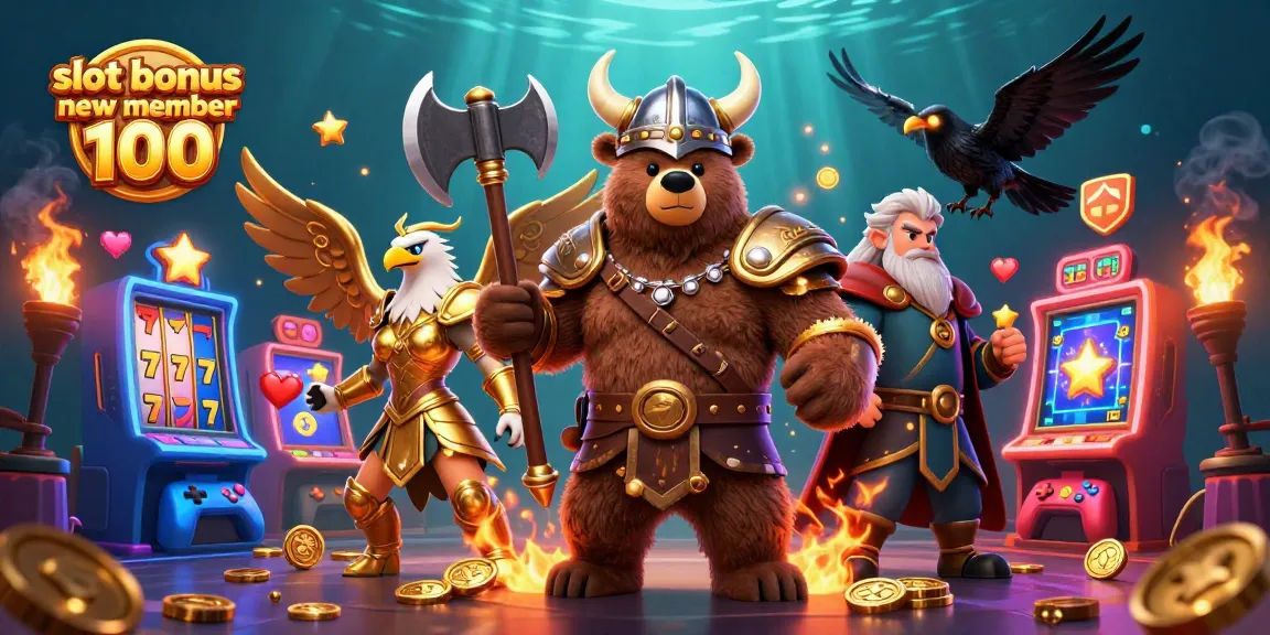 Claim a thrilling slot bonus new member 100 with spinning reels, lucky 7s, and vibrant 3D casino elements.