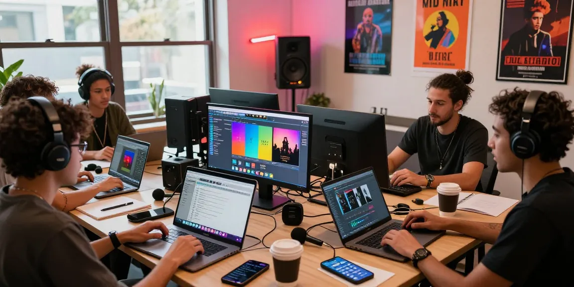 Musicians collaborating on a digital download music platform, showcasing vibrant albums and creative workspace.