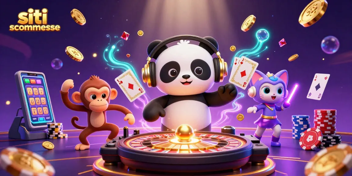 Siti scommesse: DJ panda e scimmia balla tra gettoni e gemme brillanti