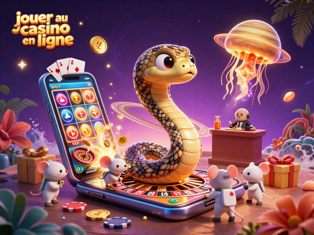 Jouer au casino en ligne avec des astronautes placant des paris sur un serpent qui roule, une illustration colorée.