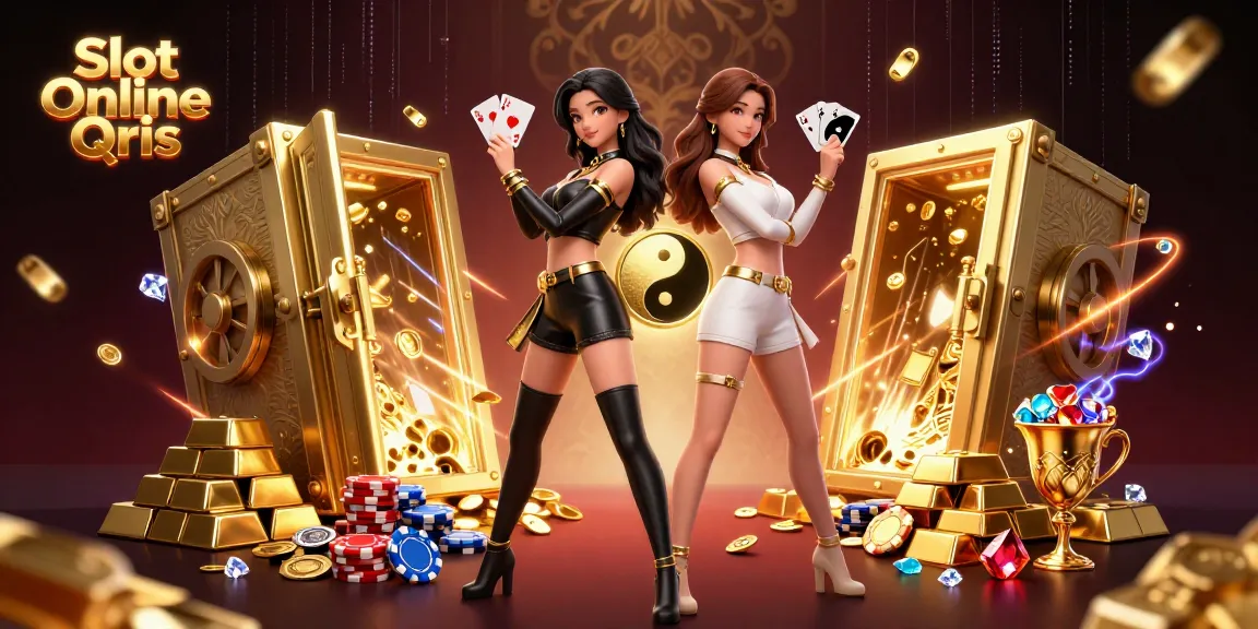 Experience thrilling wins with Slot Online Qris featuring twin Asian women wielding playing cards and surrounded by treasures.
