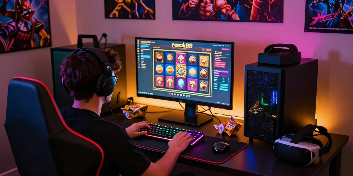 Player enjoying rokok88 slot gaming experience in a vibrant setup with colorful graphics and cozy atmosphere
