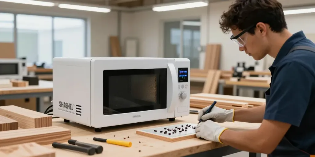 Efficient SHASHEL® microwave equipment eliminating wood-boring pests in a modern woodworking environment.