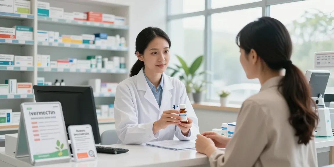 Ivermectin dosage for humans consultation in a welcoming pharmacy with a pharmacist assisting a customer.