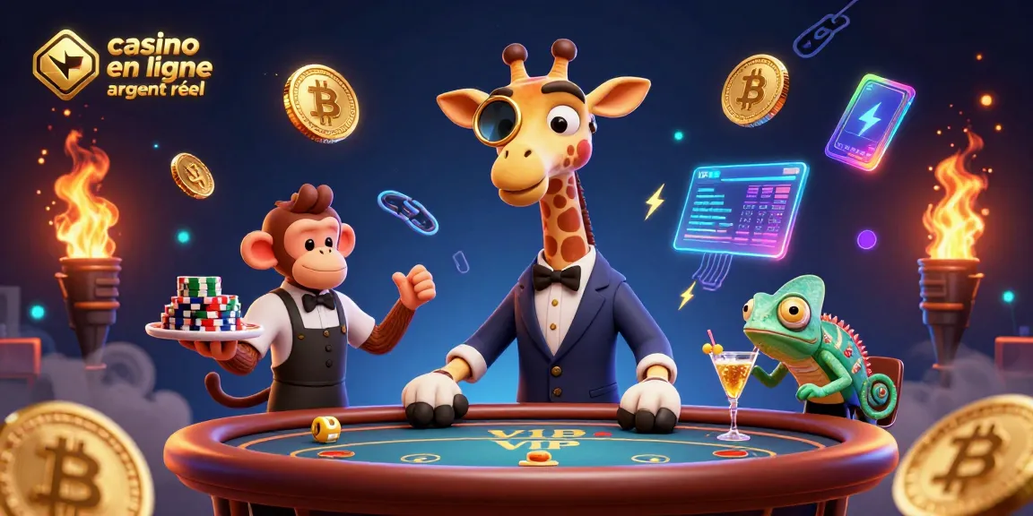 Jouez à casino en ligne argent réel avec une girafe en costume au poker, des jetons et des cryptomonnaies autour.
