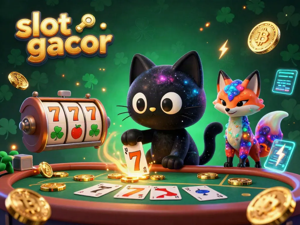 Slot gacor dengan kucing hitam 3D menarik chip slot emas di meja kasino kosmik.