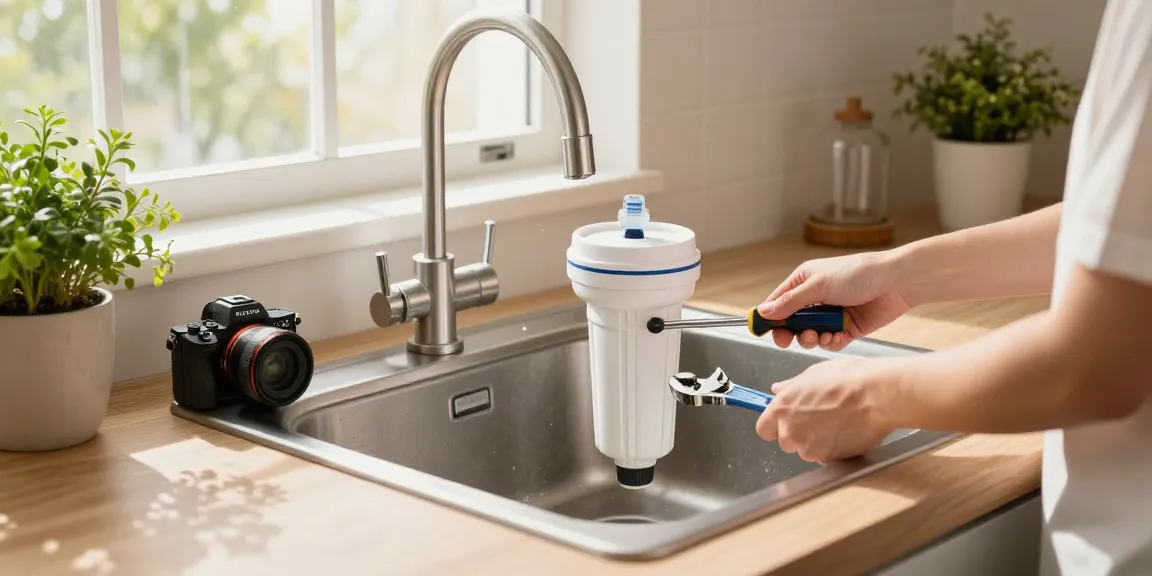AQUA CREST GXRTDR Inline Water Filter installation in a bright kitchen.