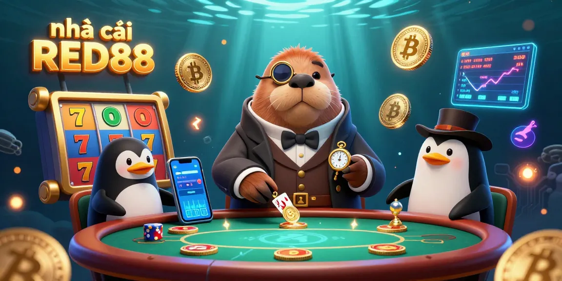 Engage with nhà cái RED88 in a rich underwater casino setting featuring vibrant slot machines and energetic character action.