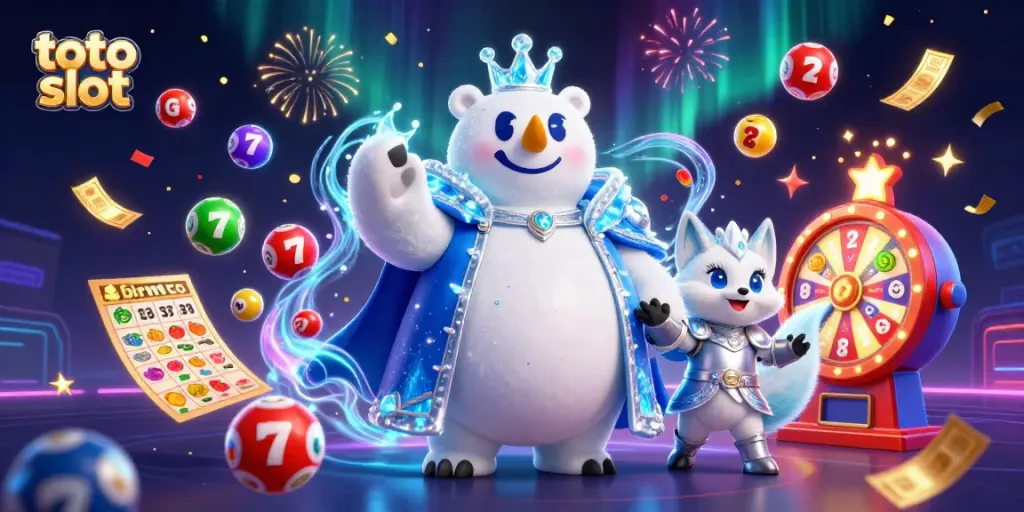 Experience excitement with the toto slot, featuring a lively 3D casino scene filled with vibrant elements.