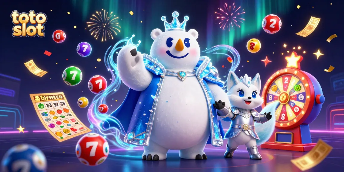 Experience excitement with the toto slot, featuring a lively 3D casino scene filled with vibrant elements.