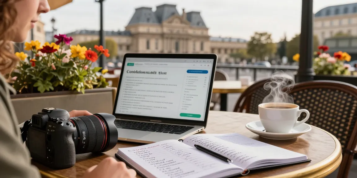Immersive Französischkurse in Frankreich erleben in einem Pariser Café mit Notizen und Laptop.