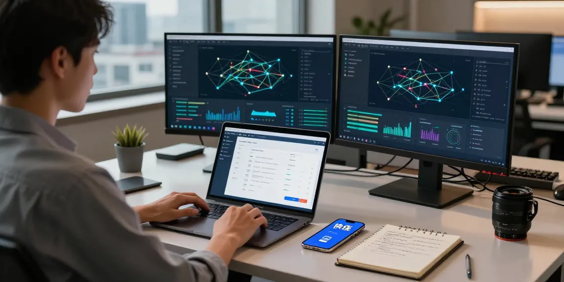 快连 software user optimizing network performance in a modern workspace with multiple screens.
