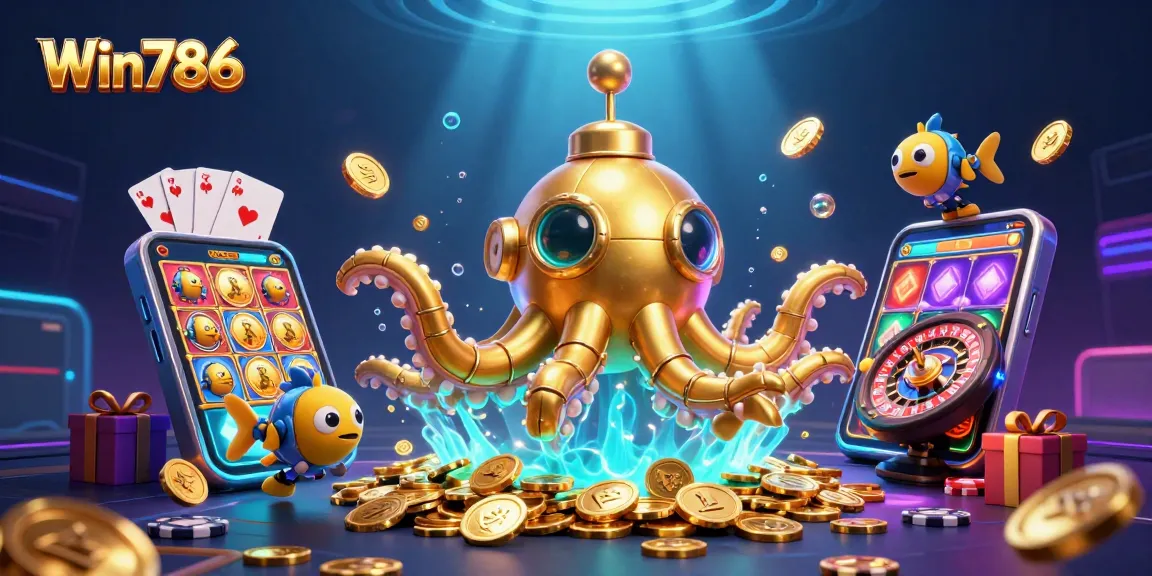 Win786 casino promotions feature a golden kraken submarine surfacing with slot games and poker elements.