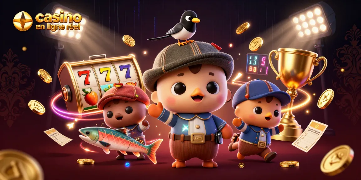 Visuel attrayant de casino en ligne argent réel avec des éléments de machines à sous et des personnages animés.