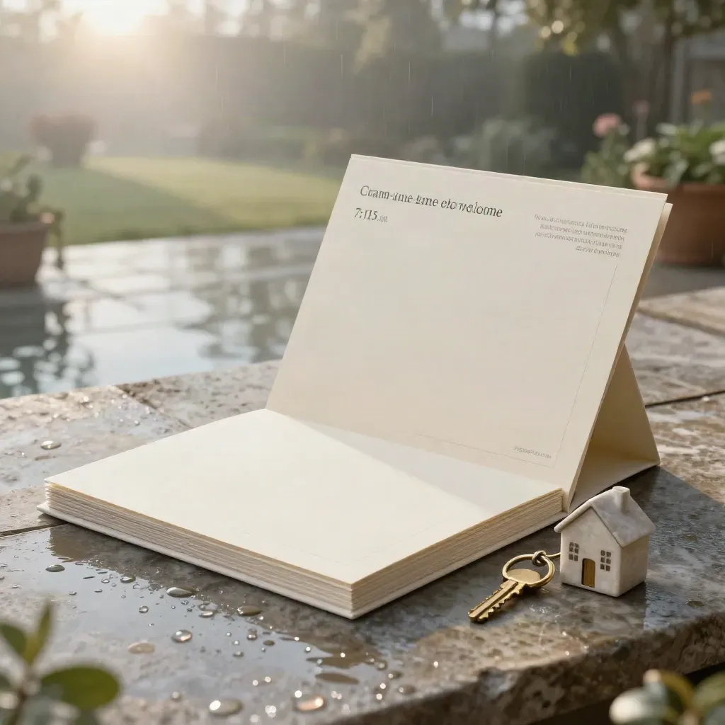 Cream welcome folio with brass key ring on wet limestone terrace at dawn