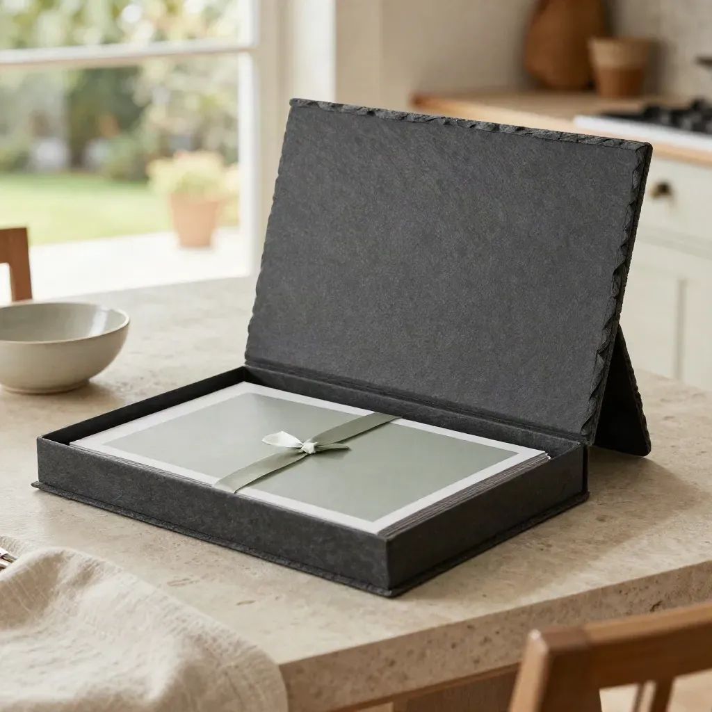 Open seller bundle box with proofs, folder, and key bowl on a stone island in soft afternoon light.