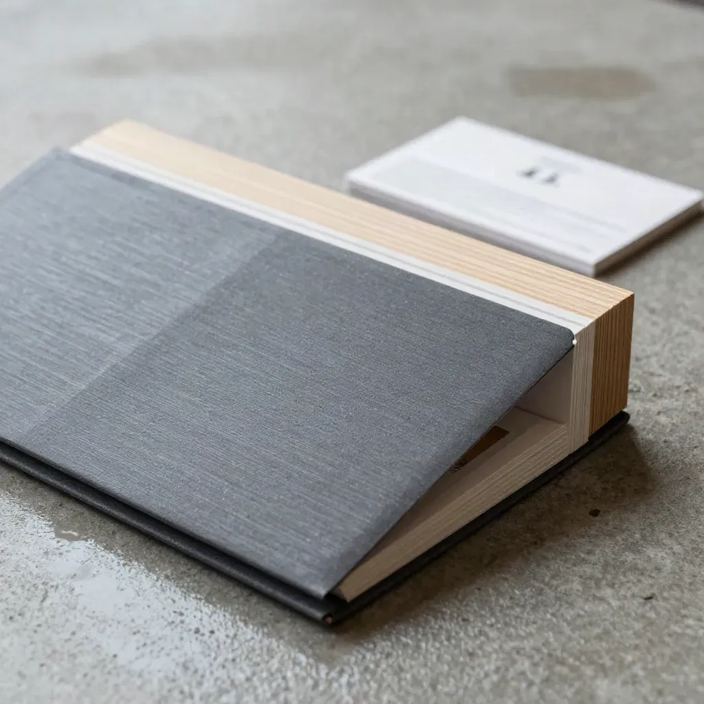 Half-open paper portfolio sleeve with backdrop cards and oak frame corner on wet concrete.