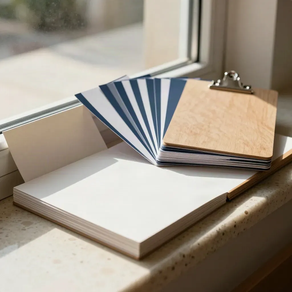 Open-house kit with signs, board, and door-hanger stack on a travertine ledge