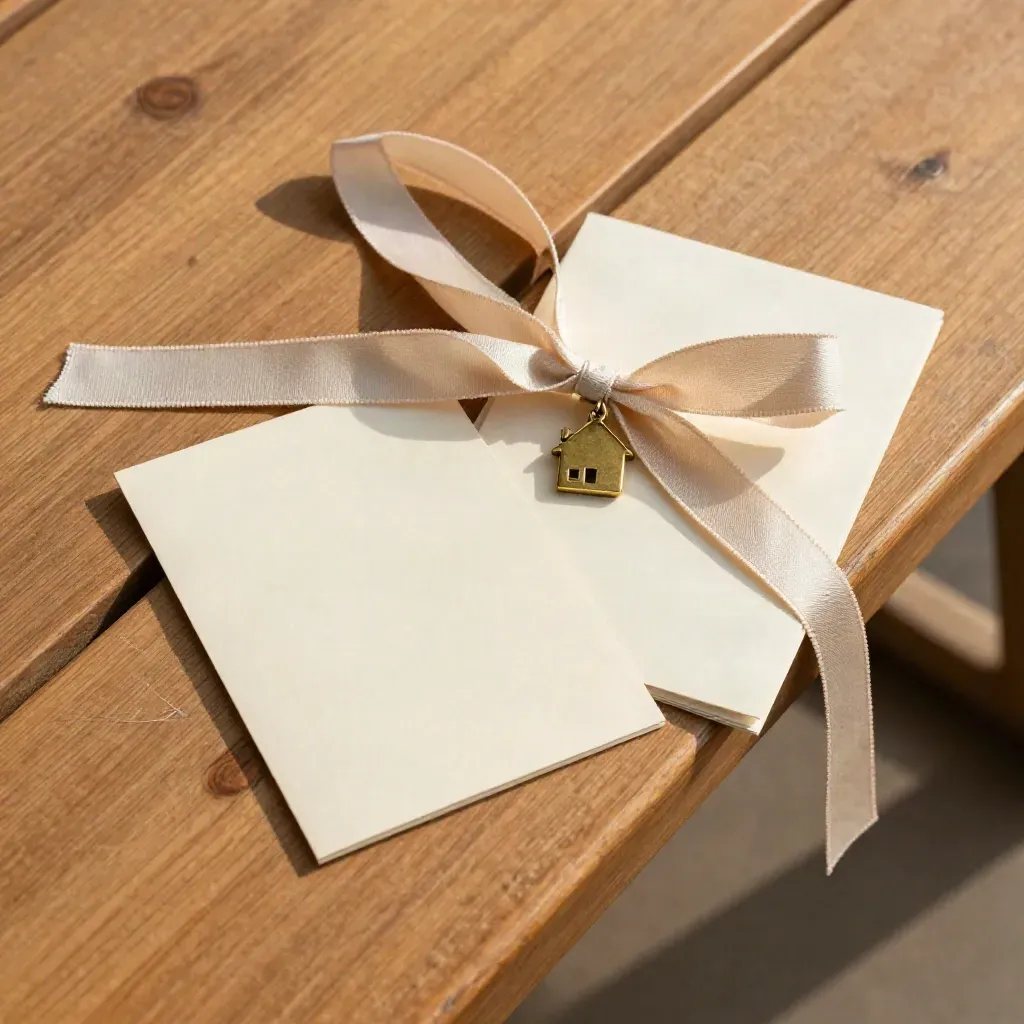 Overhead cream closing bundle, blank card, and brass house charm on a wooden bench
