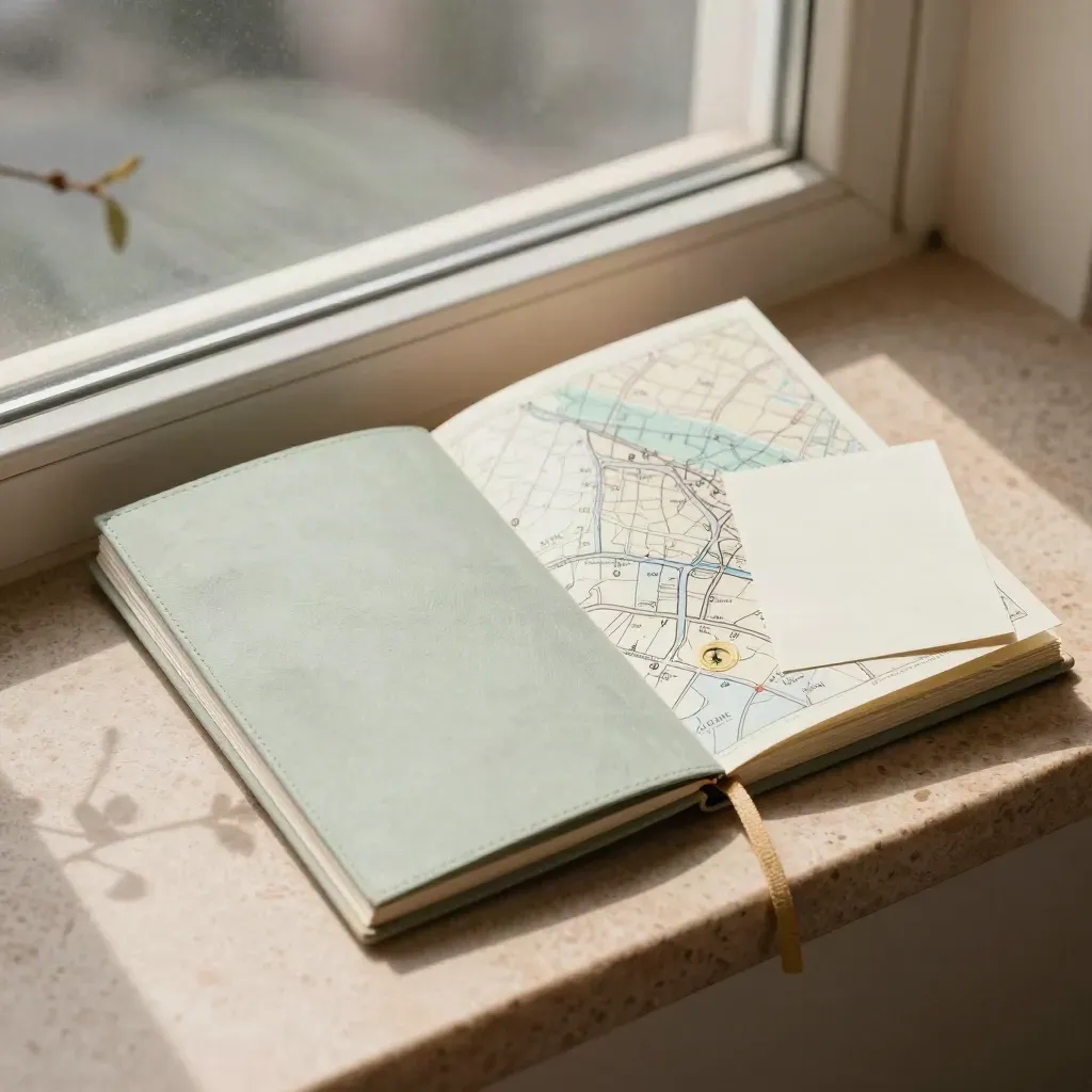 Open neighborhood guide folio with map and compass token by a window.