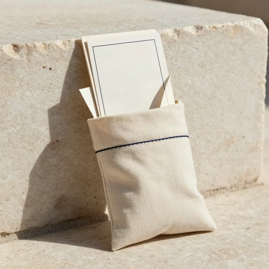 Rolled guide tube, state-outline card and linen map pouch on travertine with a navy accent.