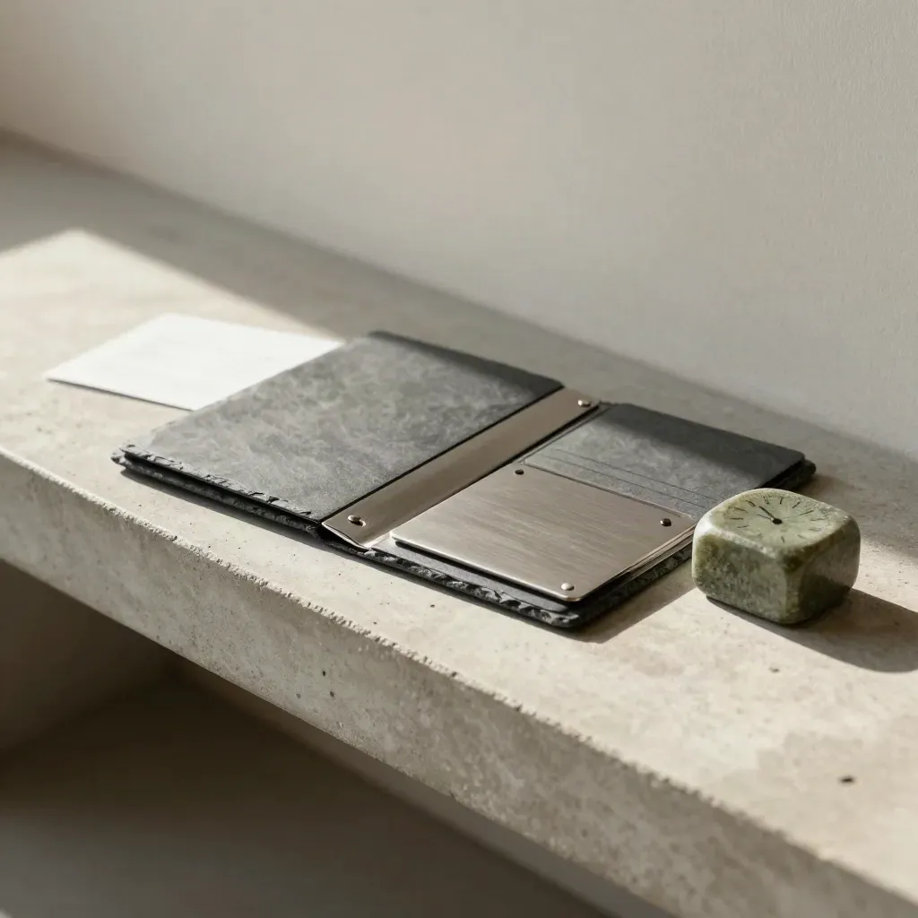 Slate appointment folio, card holder and stone timer on a concrete bench in soft daylight
