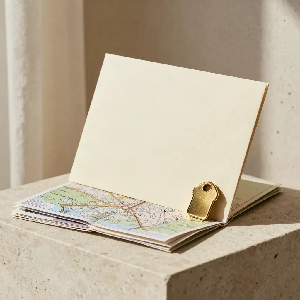 Cream tour-day folder bundle with brass key token, route cards and map on a plaster pedestal.