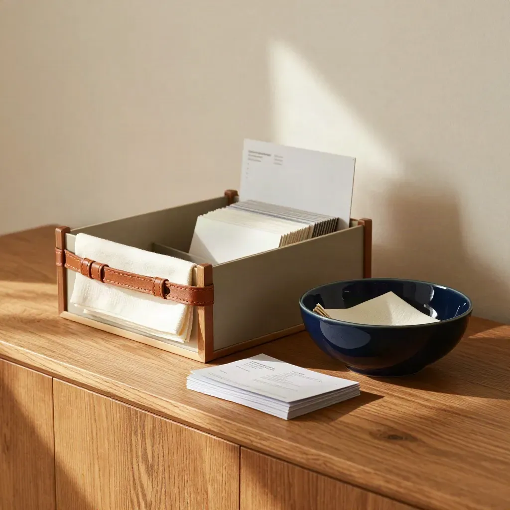 Open-house supply caddy on a wood sideboard with cards, sign panel, napkins, and a navy bowl.