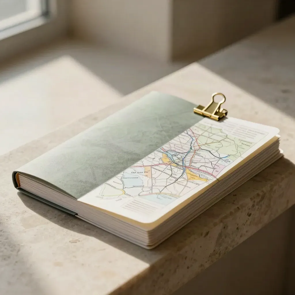 Top-down neighborhood map packet with brass clip on a limestone foyer surface