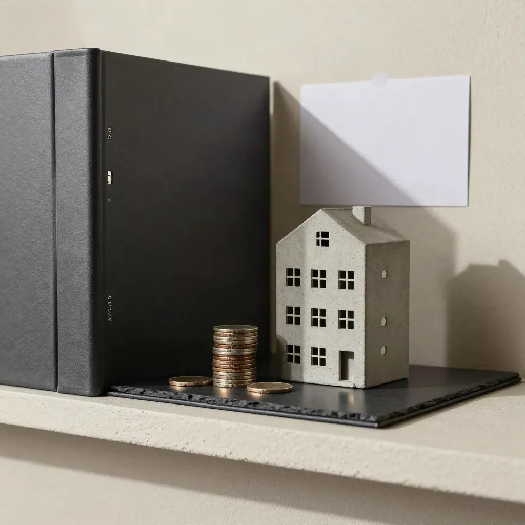 Charcoal binder, coin stack, and concrete townhouse model on a plaster shelf in dramatic studio light.
