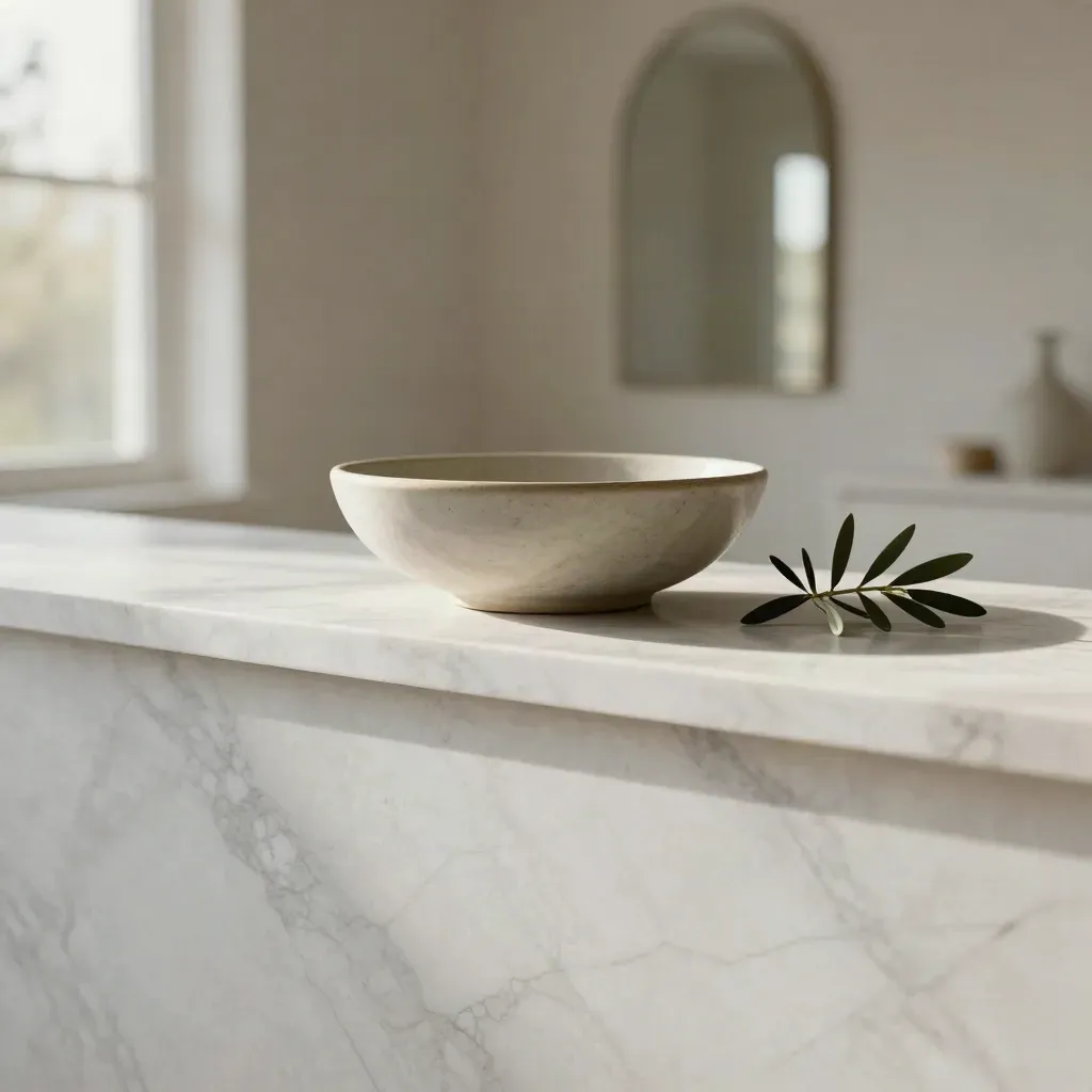 Marble entry ledge with ceramic bowl, olive sprig, and soft arched mirror blur in warm light.