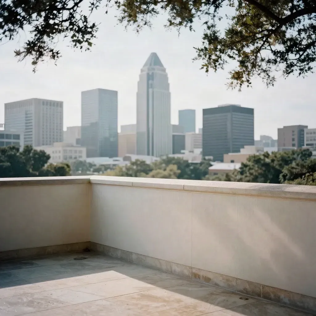 Balcony view of Dallas skyline beyond a pale stucco terrace after rain