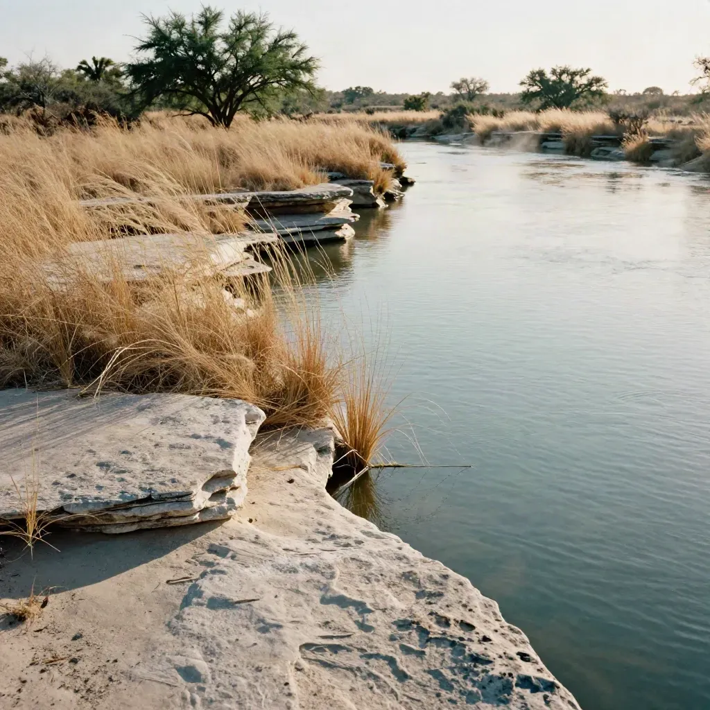 Sunlit Texas creekbank with limestone shelves, dry grasses, and calm water beneath a tree line.