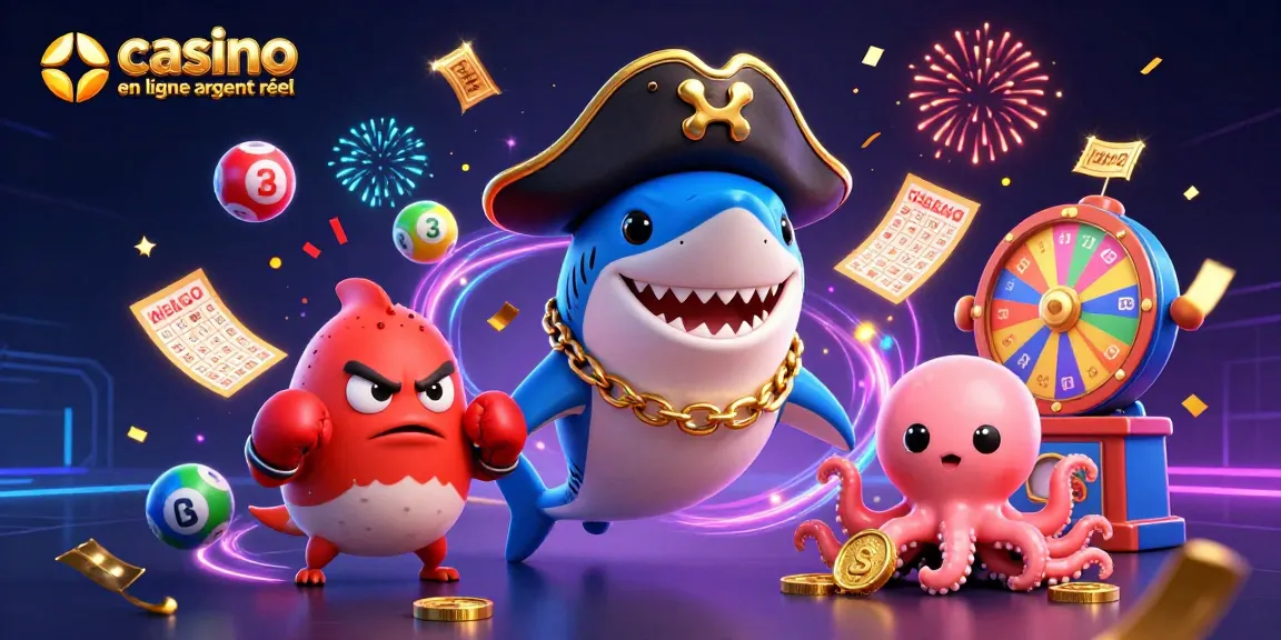 Illustration dynamique de jeu sur casino en ligne argent réel avec des personnages amusants.
