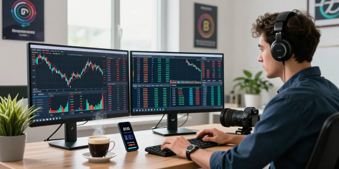 Trader analyzing cryptocurrency data at https://crypto-reviews.ru/okx-v-kazahstane/ with modern trading setup in bright office.