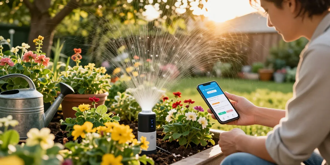 Gardener using a rainpoint wifi water timer in a vibrant outdoor garden setting.