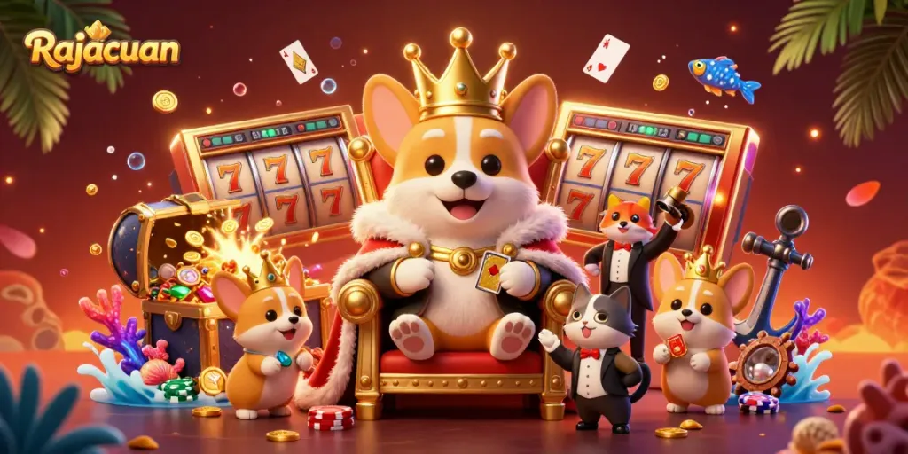 Rajacuan adalah platform permainan casino online dengan corgi raja yang dikelilingi simbol jackpot dan elemen akuatik.