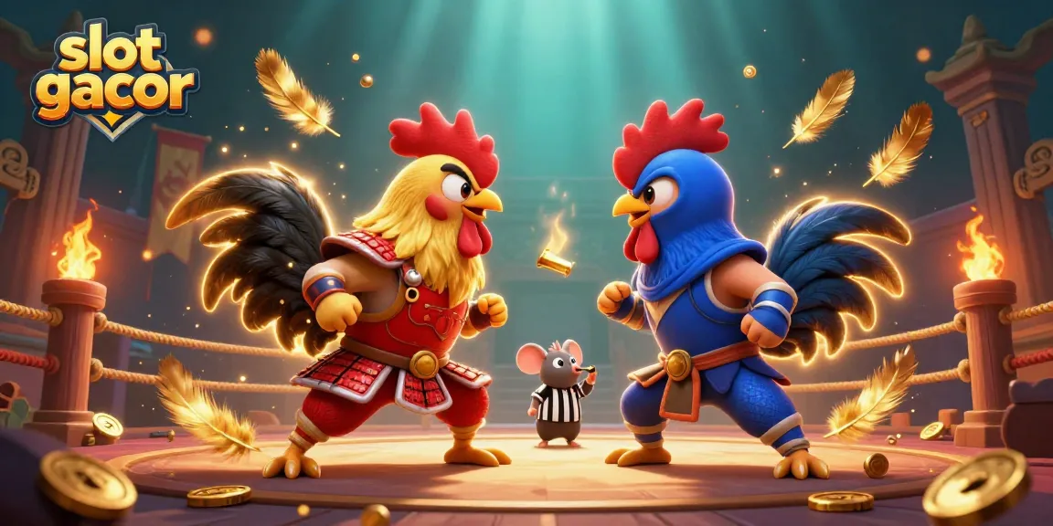 Engage with slot gacor action featuring cartoon roosters in combat, gold coins, and dramatic effects.
