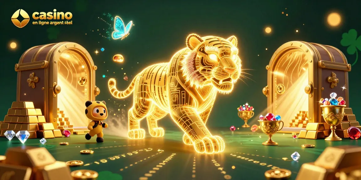 Profitez d'une illustration dynamique de casino en ligne argent réel avec un tigre d'or et des objets de valeur scintillants.