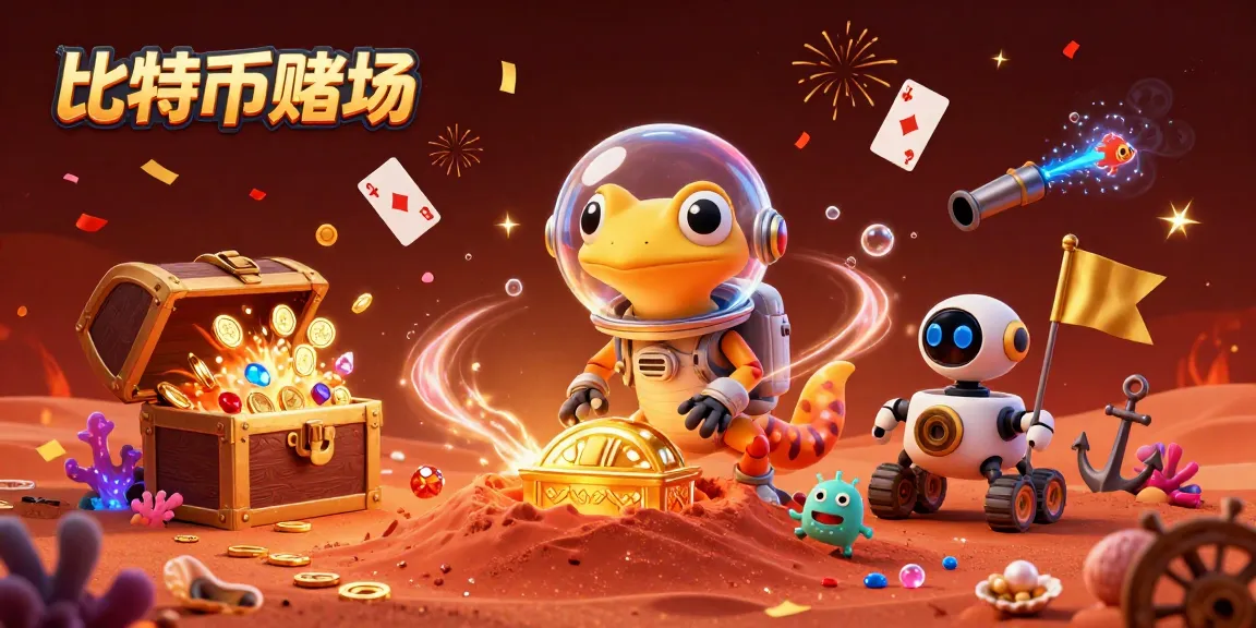 比特幣賭場中,外星蜥蜴發現金色賭場,旁邊有機器人攜帶金旗,慶祝熱鬧氣氛。