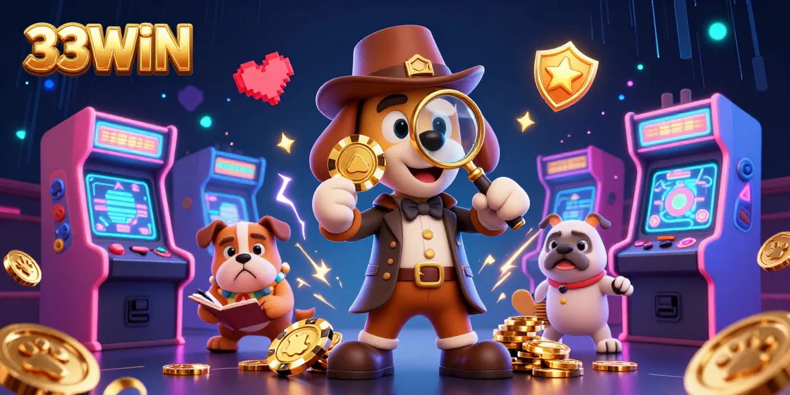 Players discover thrilling jackpots at 33WIN, guided by a detective duo in a vibrant casino.