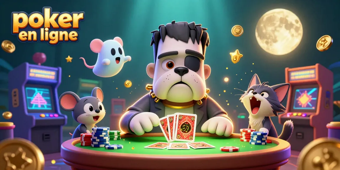 Jouer au poker en ligne avec divers personnages et éléments de casino dans une scène riche et ludique.