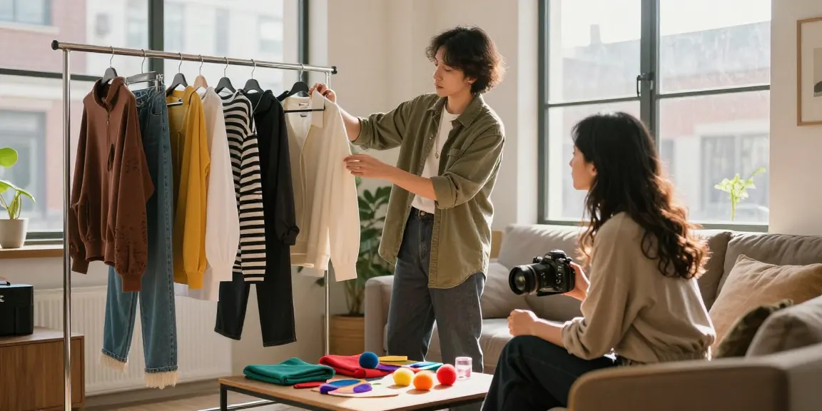 Consulente di Personal shopping mostra abiti e accessori a una cliente in un ambiente accogliente.