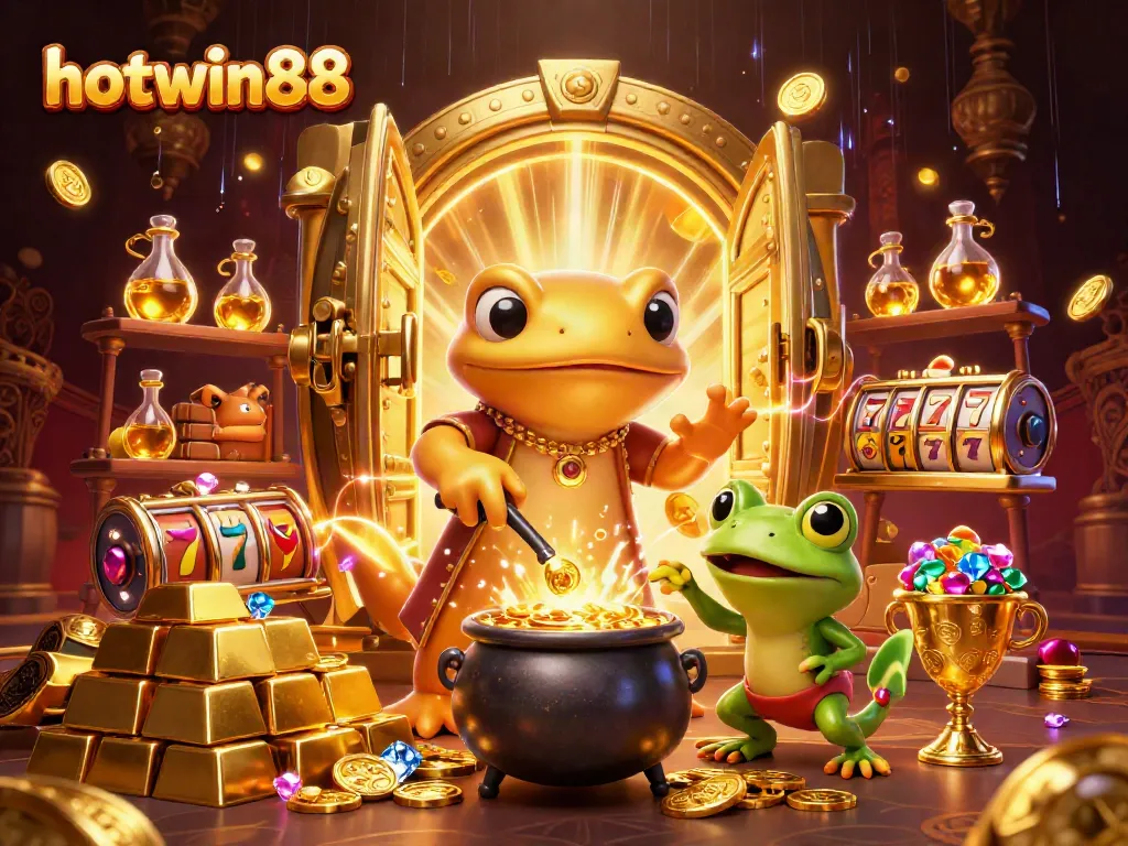 Experience the excitement of hotwin88 with an alchemist turning coins in a vibrant casino world.