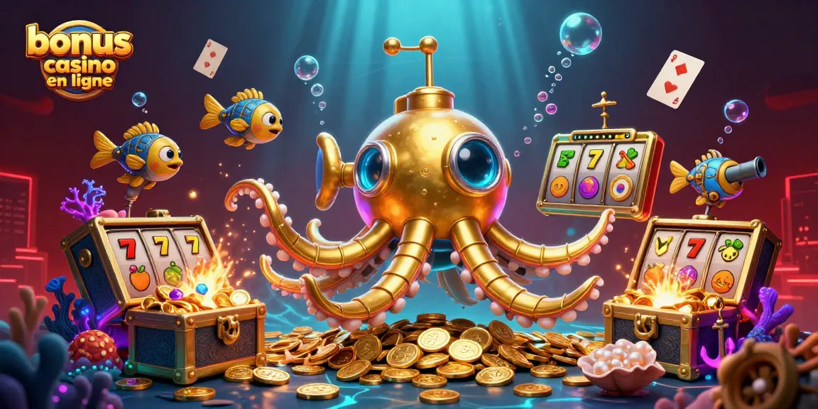 Plongez dans l'univers du bonus casino en ligne avec un kraken doré et des éléments de jeu captivants.