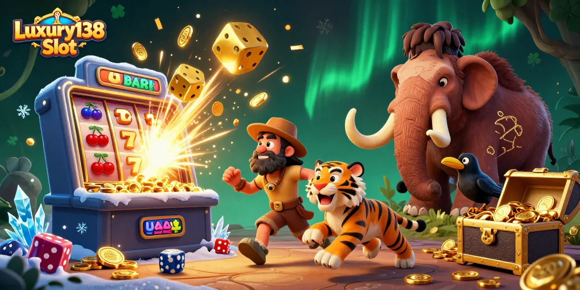 Engage with the Luxury138 Slot, featuring cartoon caveman duo and jackpot elements in a lively casino scene.