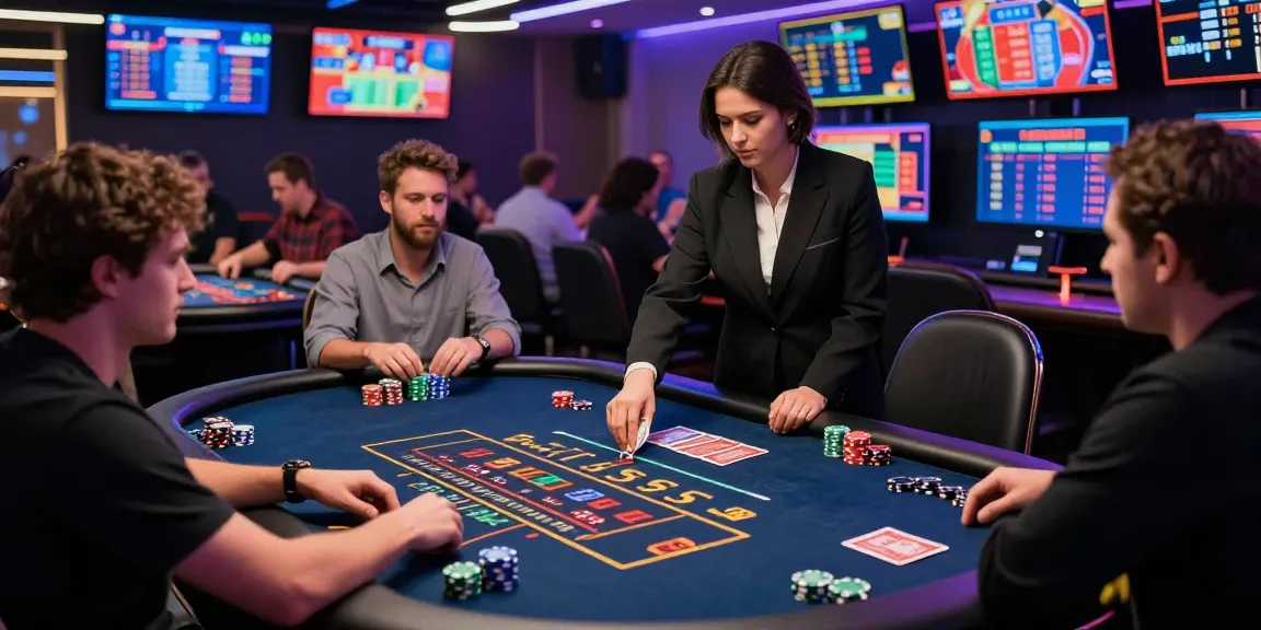 Baccarat Online players at a lively live casino table, vibrant atmosphere showcasing immersive gaming experience.