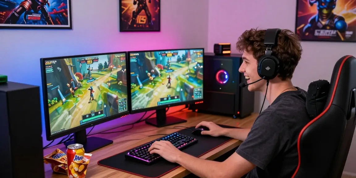 Gamer menikmati permainan di JURAGAN77 dengan setup komputer modern yang semarak.